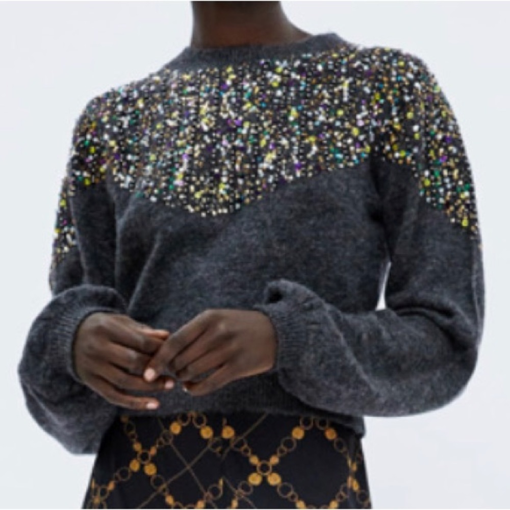 ZARA SEQUIN PUFF SLEEVES PARTY FESTIVE SWEATER JUMPER BRAND NEW WITH TAGS SIZE S